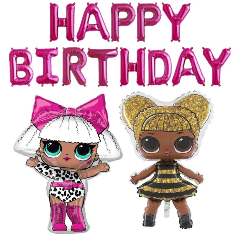 LOL Balloon Pack - Contains 16" Pink Happy Birthday Balloon Banner, 35" Diva Girl Foil Balloon & 35" Queen Bee Foil Balloon - Girls Party Decorations