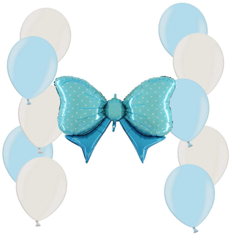New Baby Boy Balloon Pack - 40" Blue Foil Bow Balloon + 10 Baby Blue 12" Latex + 10 White 12" Latex - Party Decorations