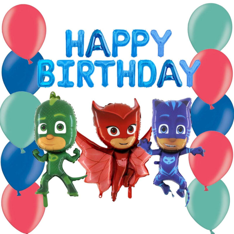 PJ Masks Balloon Pack - Contains 16" Blue Happy Birthday Balloon Banner, 36" Owlette Foil Balloon, 36" Catboy Foil Balloon & 36" Gekko Foil Balloon & 30 12" Latex in Red, Blue & Green