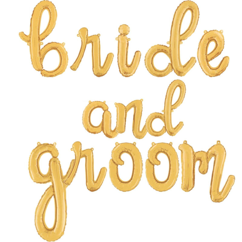 Bride and Groom -14” Gold Script Letter Balloons – Inflate with Air