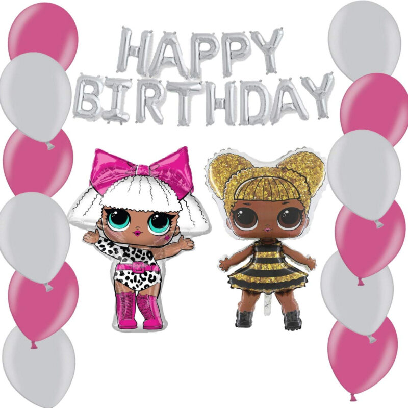 LOL Balloon Pack - Contains 16" Silver Happy Birthday Balloon Banner, 35" Diva Girl Foil Balloon, 35" Queen Bee Foil Balloon & 20 12" Latex in Fuchsia & Silver - Girls Party Decorations