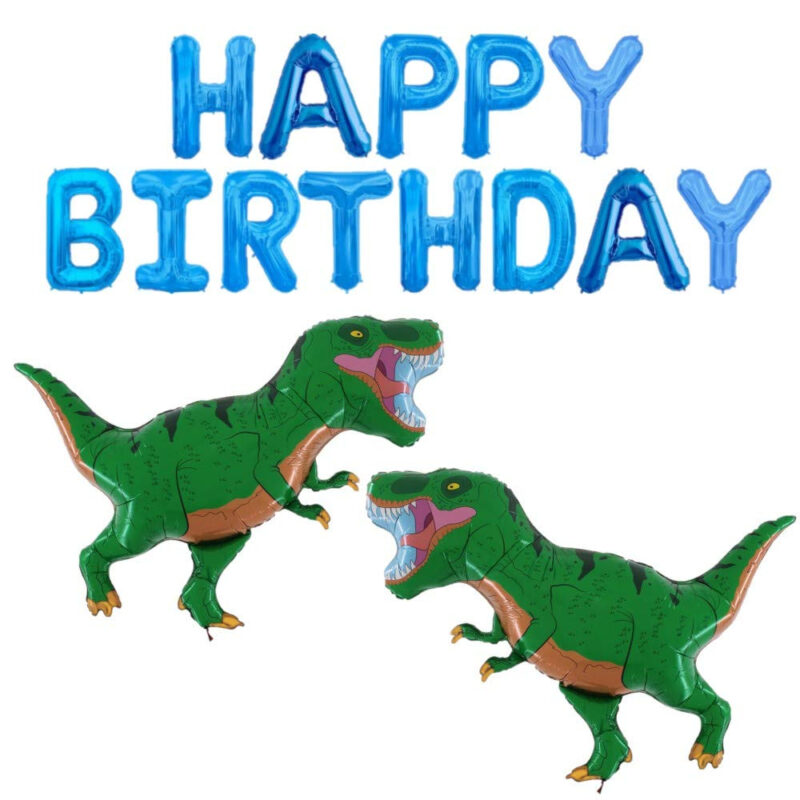 Dinosaur Balloon Pack - Contains 16" Blue Happy Birthday Balloon Banner & 2 x 39 Green T-Rex Foil Balloons - Children's Party Decorations