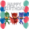PJ Masks Balloon Pack - Contains 16" Silver Happy Birthday Balloon Banner, 36" Owlette Foil Balloon, 36" Catboy Foil Balloon & 36" Gekko Foil Balloon & 30 12" Latex in Red, Blue & Green