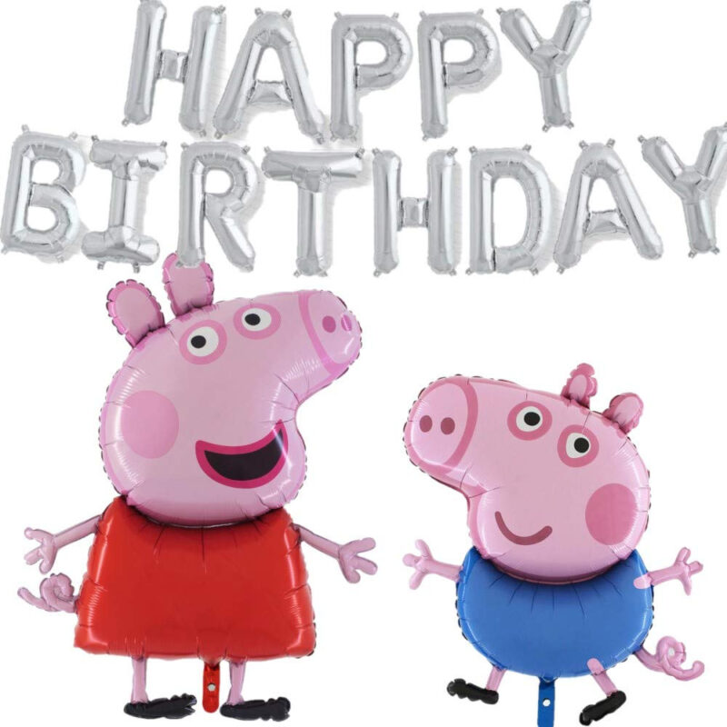 Peppa & George Balloon Pack - Contains 16" Silver Happy Birthday Balloon Banner, 37" Peppa Pig Foil Balloon & 37" George Pig Foil Balloon - Children's Party Decorations