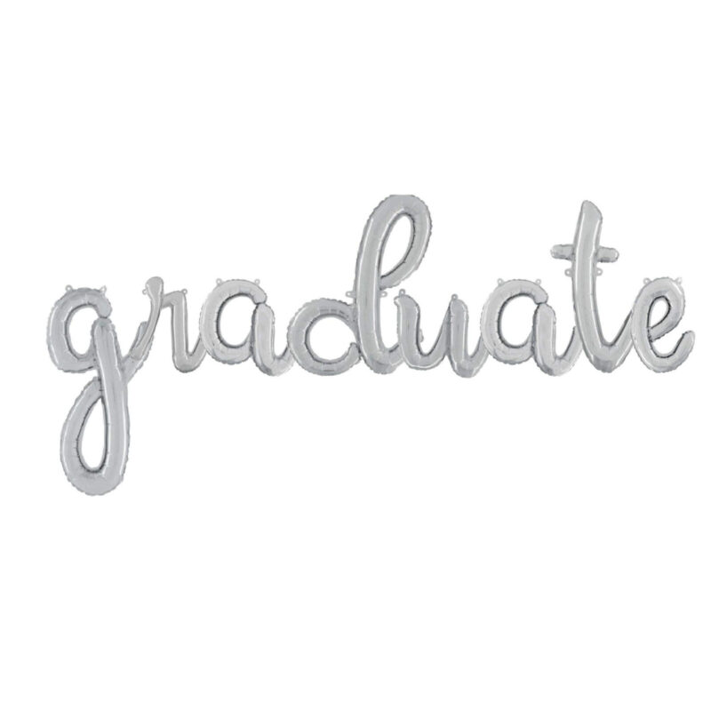 Graduate -14” Silver Script Letter Balloons – Inflate with Air