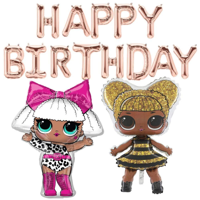LOL Balloon Pack - Contains 16" Rose Gold Happy Birthday Balloon Banner, 35" Diva Girl Foil Balloon & 35" Queen Bee Foil Balloon - Girls Party Decorations