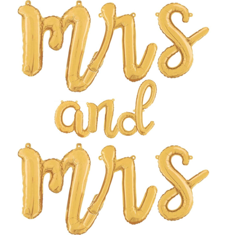 14” Gold Script Letter Balloons – 'Mrs and Mrs' Inflate with Air