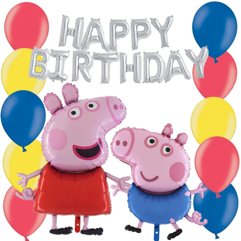 Peppa & George Balloon Pack - Contains 16" Silver Happy Birthday Balloon Banner, 37" Peppa Pig Foil Balloon & 37" George Pig Foil Balloon & 30 12" Latex in Red, Blue & Yellow