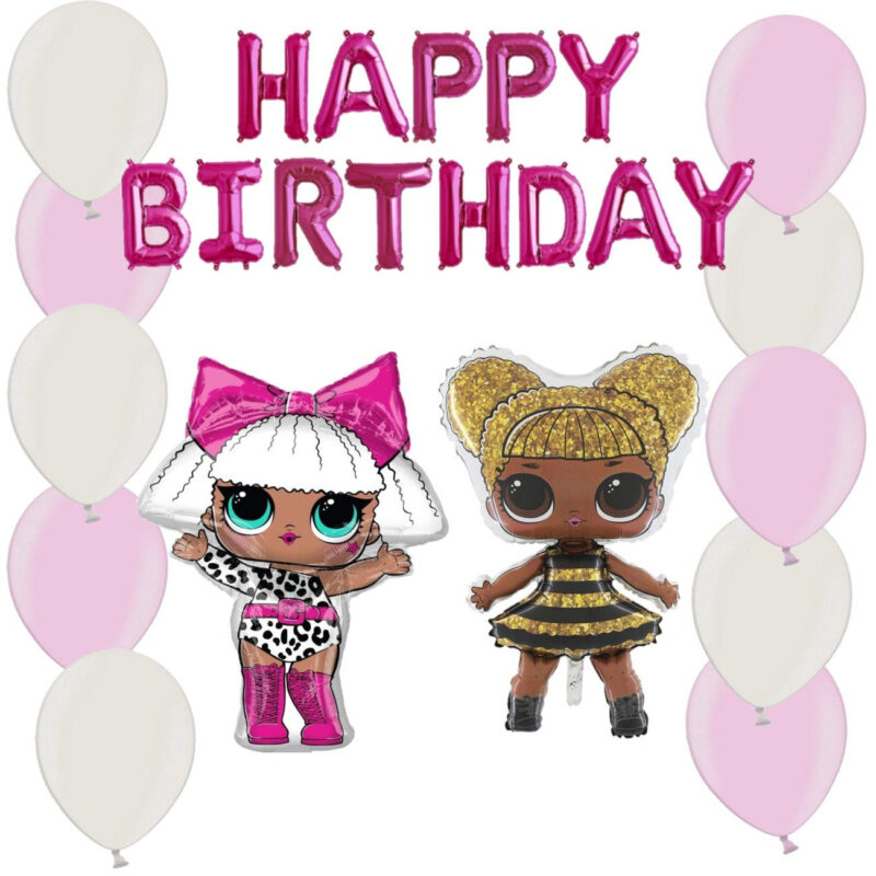LOL Balloon Pack - Contains 16" Pink Happy Birthday Balloon Banner, 35" Diva Girl Foil Balloon, 35" Queen Bee Foil Balloon & 20 12" Latex in Baby Pink & Pearl White - Girls Party Decorations