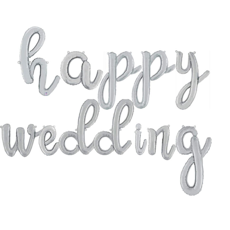 Happy Wedding -14” Silver Script Letter Balloons – Inflate with Air