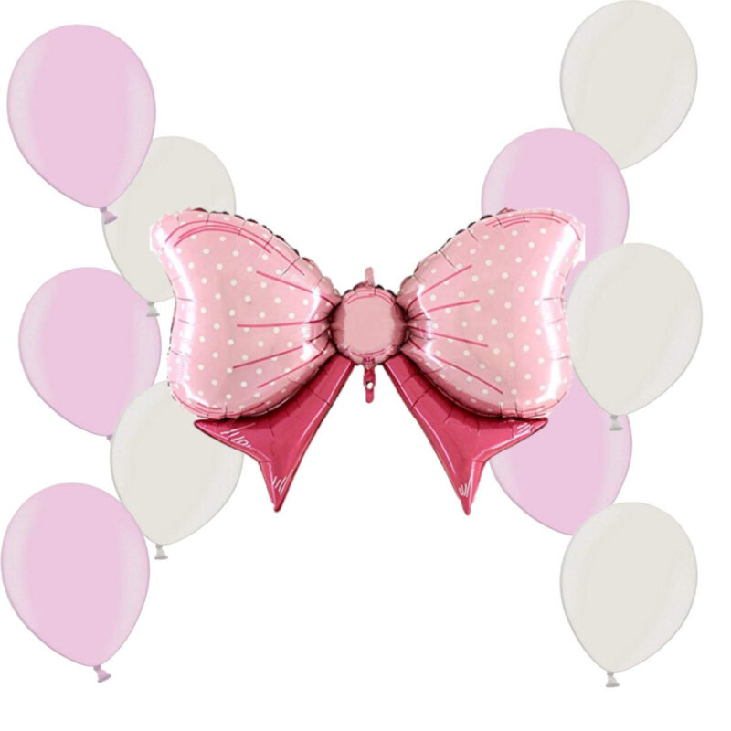 New Baby Girl Balloon Pack - 40" Pink Foil Bow Balloon + 10 Baby Pink 12" Latex + 10 White 12" Latex - Party Decorations