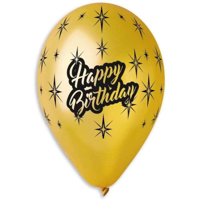 33cm (13") Pack of 10 - Metallic Latex Balloons, Gold Black & Silver with Happy Birthday Message - Party Decorations
