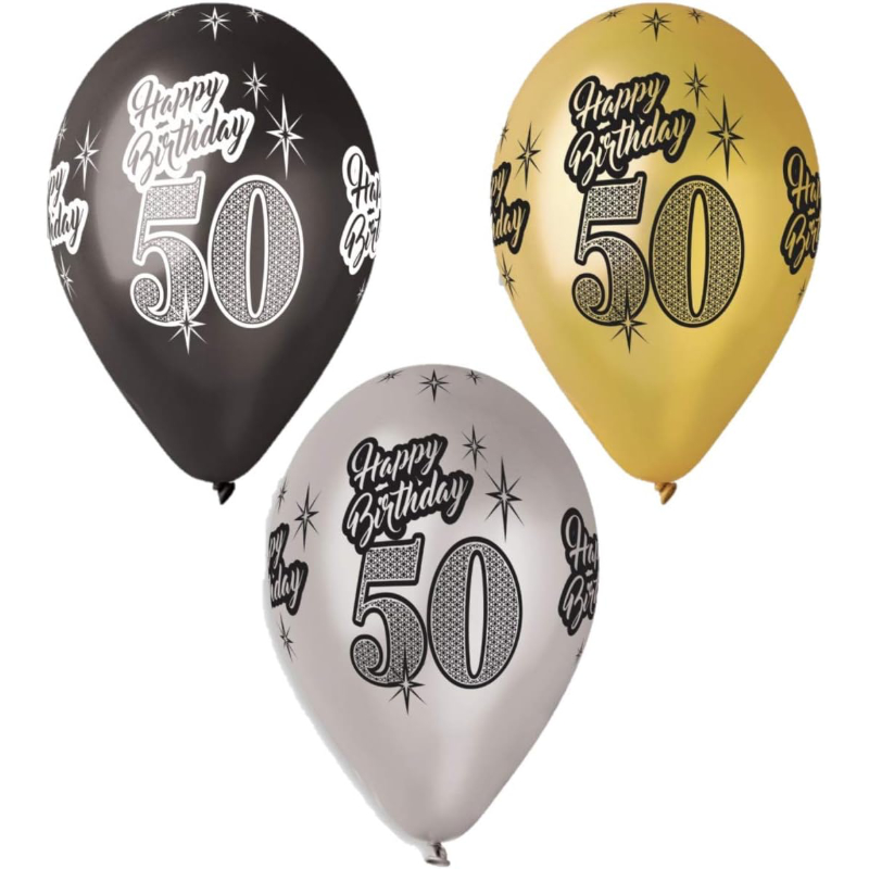 33cm (13") Pack of 25 - Metallic Latex Balloons Gold, Silver & Black with Happy 50th Birthday Message - Party Decorations