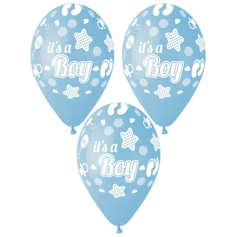Pack of 50 - 13 Inch Baby Blue Latex Balloons with White Stars & 'Its A Boy' - Party Decorations - Made in Italy