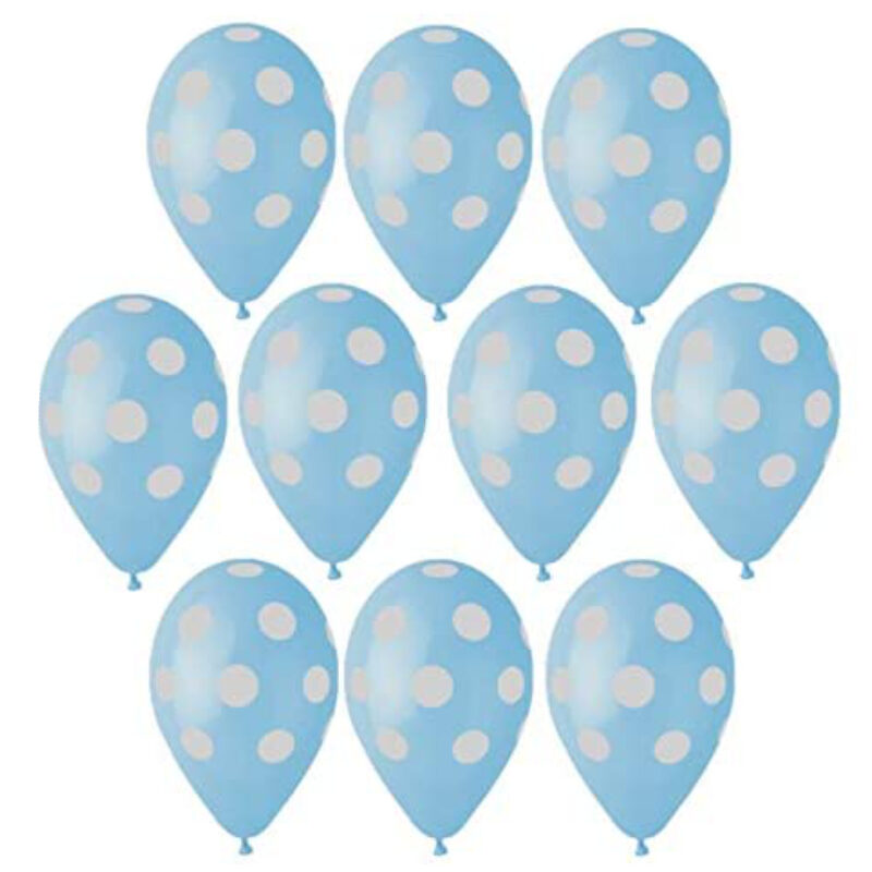 Pack of 10 - 13 Inch Baby Blue Latex Balloons with Silver Polka Dots - Party Decorations - Made in Italy