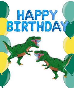 Dinosaur Balloon Pack - Contains 16" Blue Happy Birthday Balloon Banner, 2 x 39 Green T-Rex Foil Balloons & 30 12" Latex in Green, Oxford Green & Yellow - Children's Party Decorations