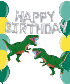 Dinosaur Balloon Pack - Contains 16" Silver Happy Birthday Balloon Banner, 2 x 39 Green T-Rex Foil Balloons & 30 12" Latex in Green, Oxford Green & Yellow - Children's Party Decorations