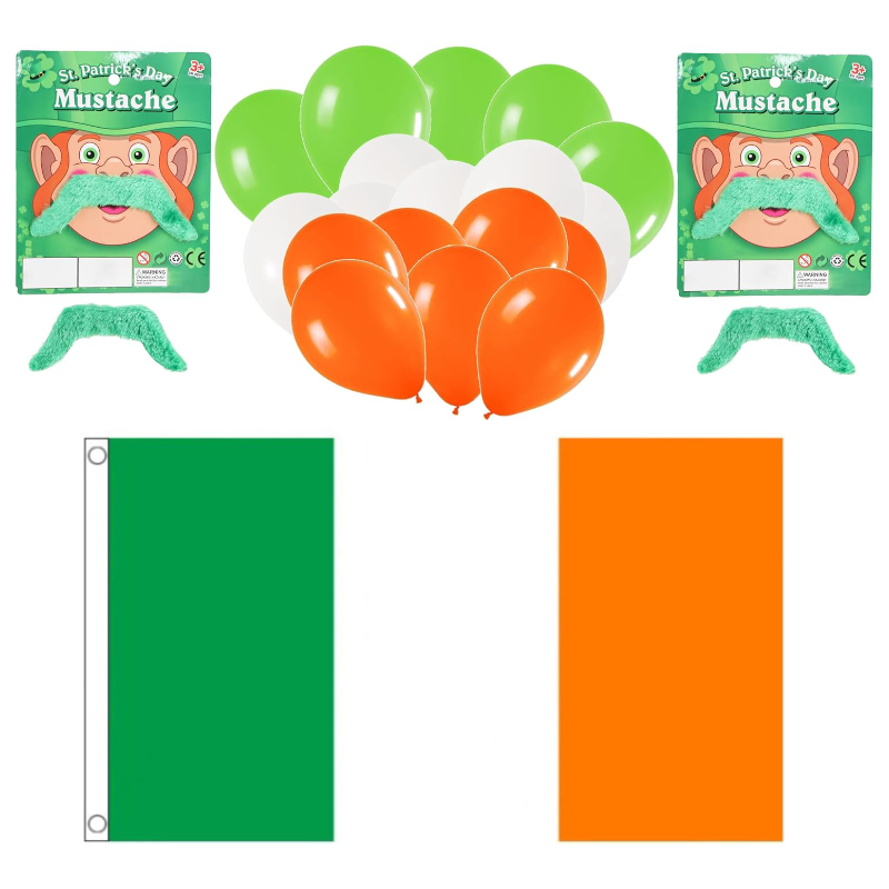 St Patricks Day 37 Pieces Party Bundle - 5ft x 3ft Flag, 30 Green/White/Orange Latex Balloons & 4 x Green Mustaches - Irish Decorations