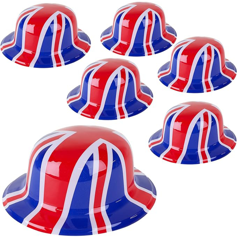 Pack of 6 - Plastic Union Jack Bowler Hats - One Size