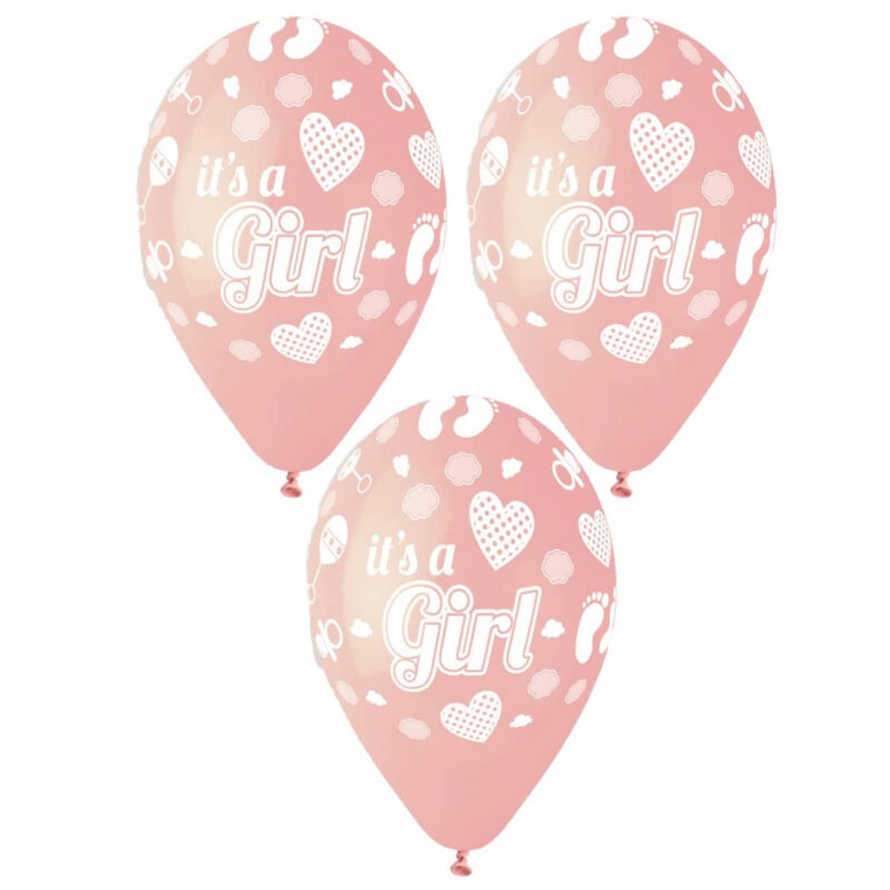 Pack of 50 - 13 Inch Baby Pink Latex Balloons with White Stars & 'Its A Girl' - Party Decorations - Made in Italy