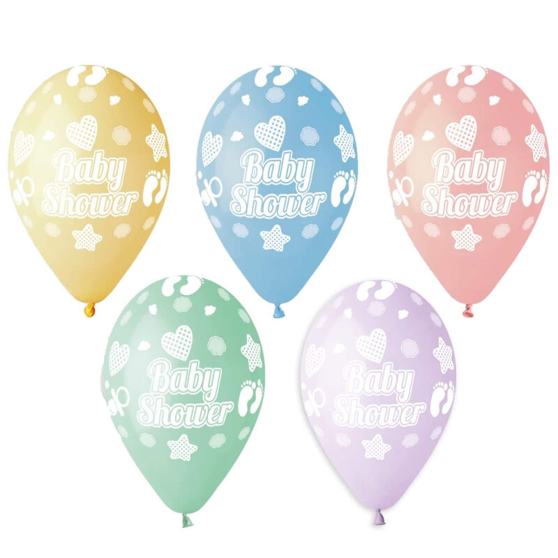 Pack of 50 - 13 Inch Mixed Pastel Latex Balloons with White Stars, Hearts & 'Baby Shower' - Party Decorations - Made in Italy