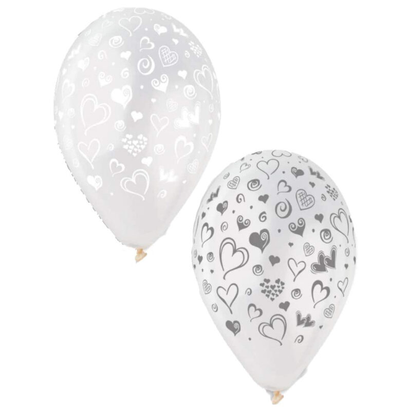 Pack of 50 - 13 Inch Clear Crystal Latex Balloons with White & Grey Hearts - Party Decorations - Made in Italy