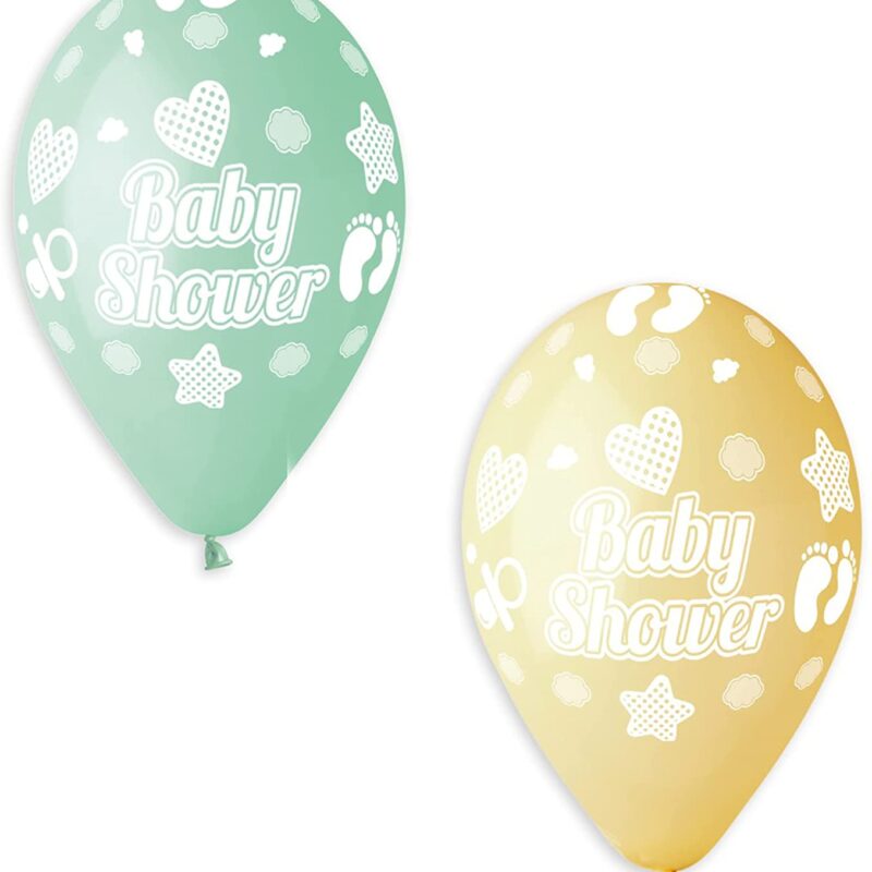 Pack of 50- 13 Inch Mixed Pastel in YELLOW & GREEN Latex Balloons with White Stars, Hearts & Non-Gender 'Baby Shower'