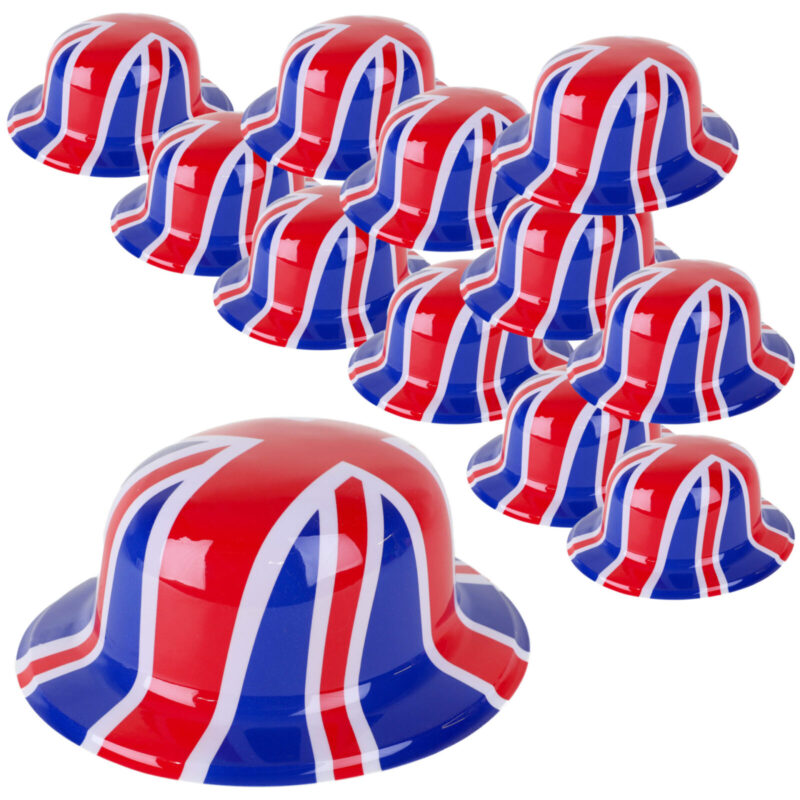 Pack of 24 - Plastic Union Jack Bowler Hats - One Size - Queens Platinum Jubilee Parties