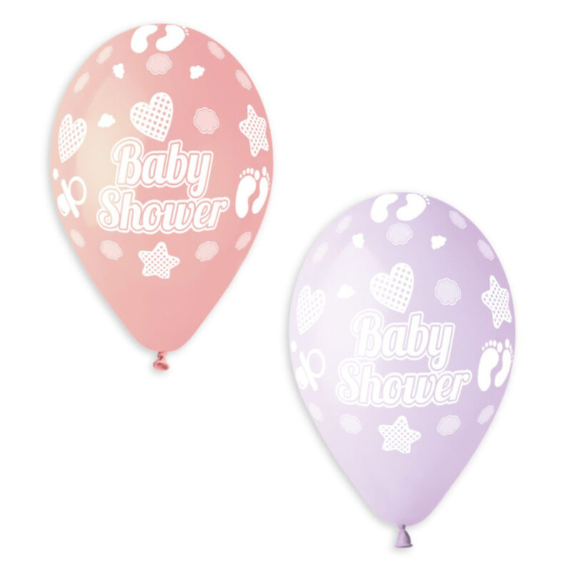 Pack of 50- 13 Inch Mixed Pastel in PINK & LILAC Latex Balloons with White Stars, Hearts & 'Baby Shower'