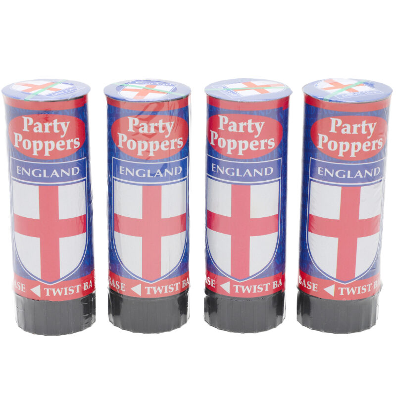 Pack Of Four Party Poppers - England Flag Design - Queens Platinum Jubilee Party Decorations