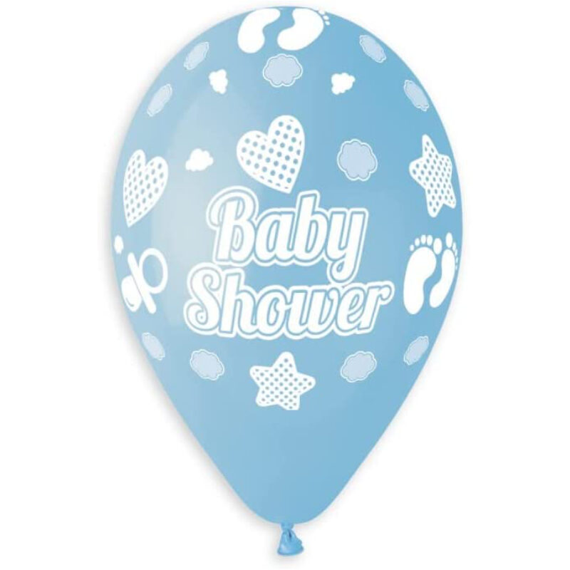 Pack of 50 - 13 Inch Pastel in BLUE Latex Balloons with White Stars, Hearts & 'Baby Shower'