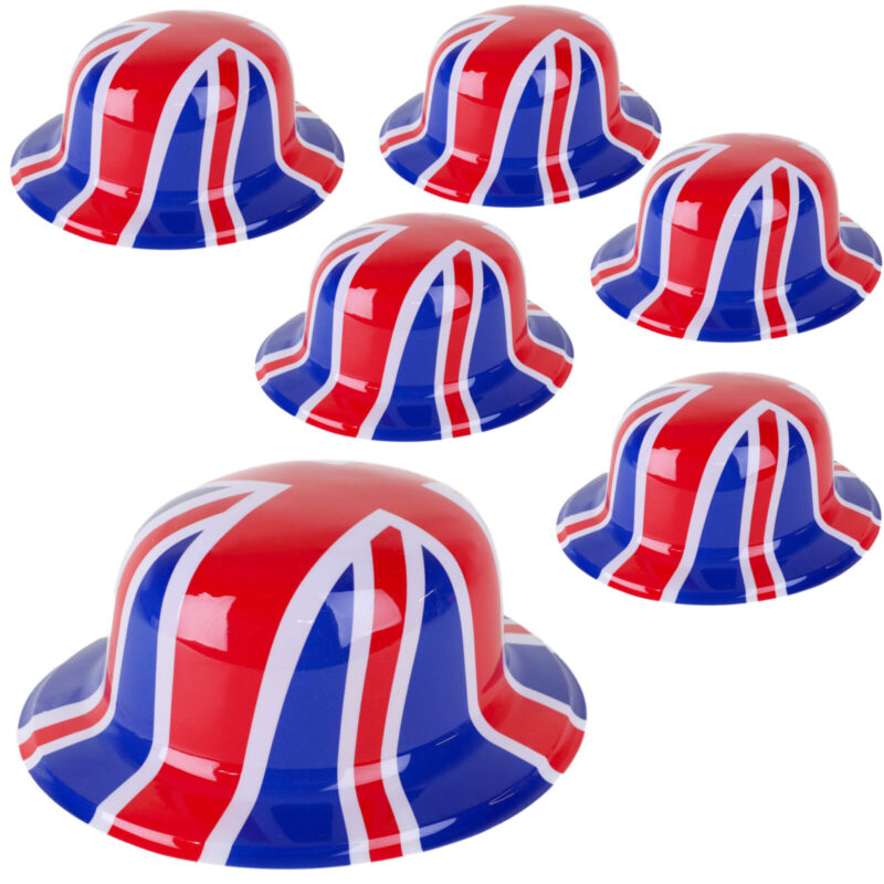 Pack of 12 - Plastic Union Jack Bowler Hat - One Size - Queens Platinum Jubilee Parties