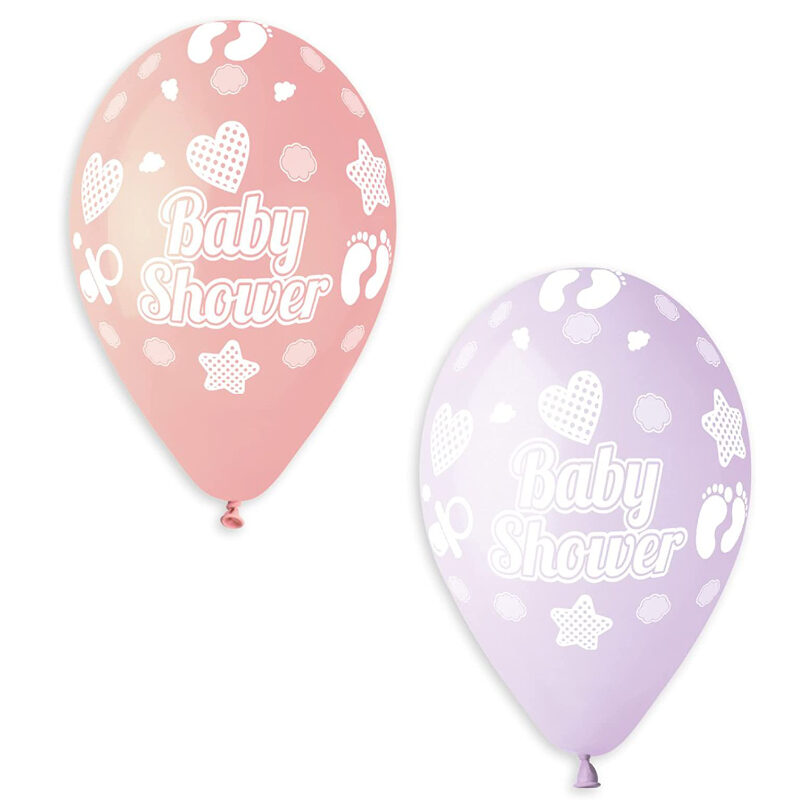 Pack of 10 - 13 Inch Mixed Pastel in PINK & LILAC Latex Balloons with White Stars, Hearts & 'Baby Shower'