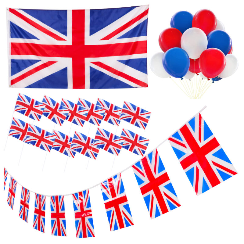 King Charles III Coronation British Union Jack Party Bundle - 5ft x 3ft Flag, 12 Hand Flags, 4m Bunting & 30 Balloons - British Decorations