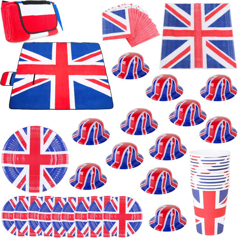 King Charles The III Coronation Union Jack 55 Piece Picnic Bundle Set Including Waterproof Blanket, Bowler Hats & Tableware - British Party Supplies