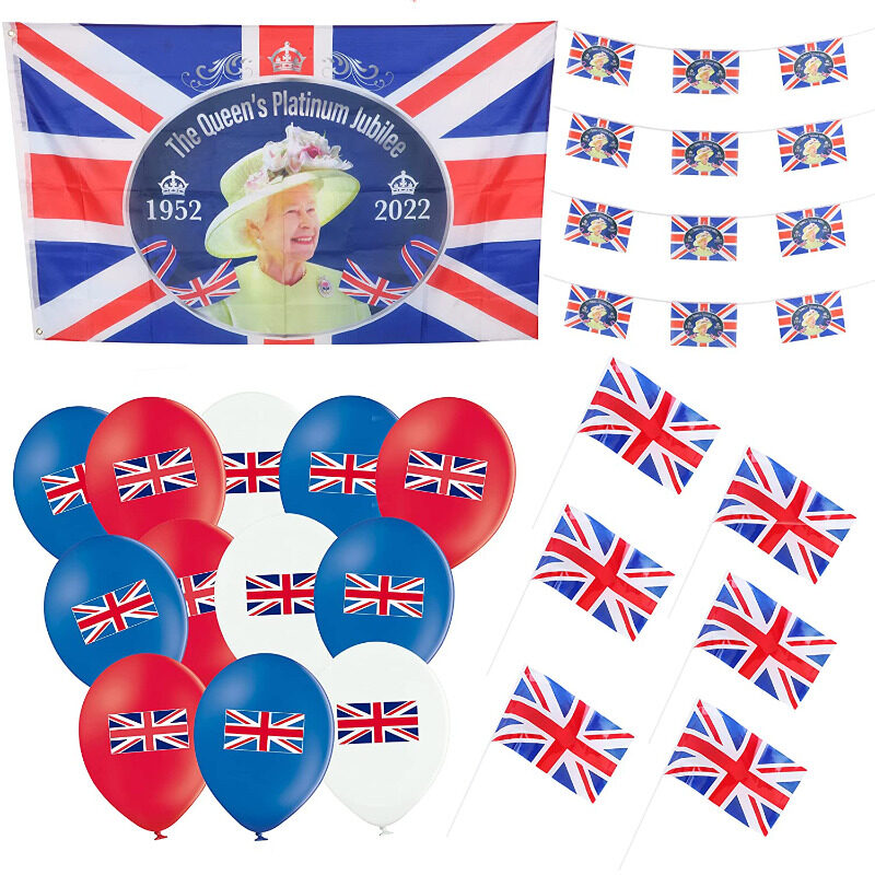 Queens Platinum Jubilee Party Bundle - 5ft x 3ft Queen Flag , 12 Hand Flags, 6m Queen Bunting & 30 Union Jack Balloons - British Decorations