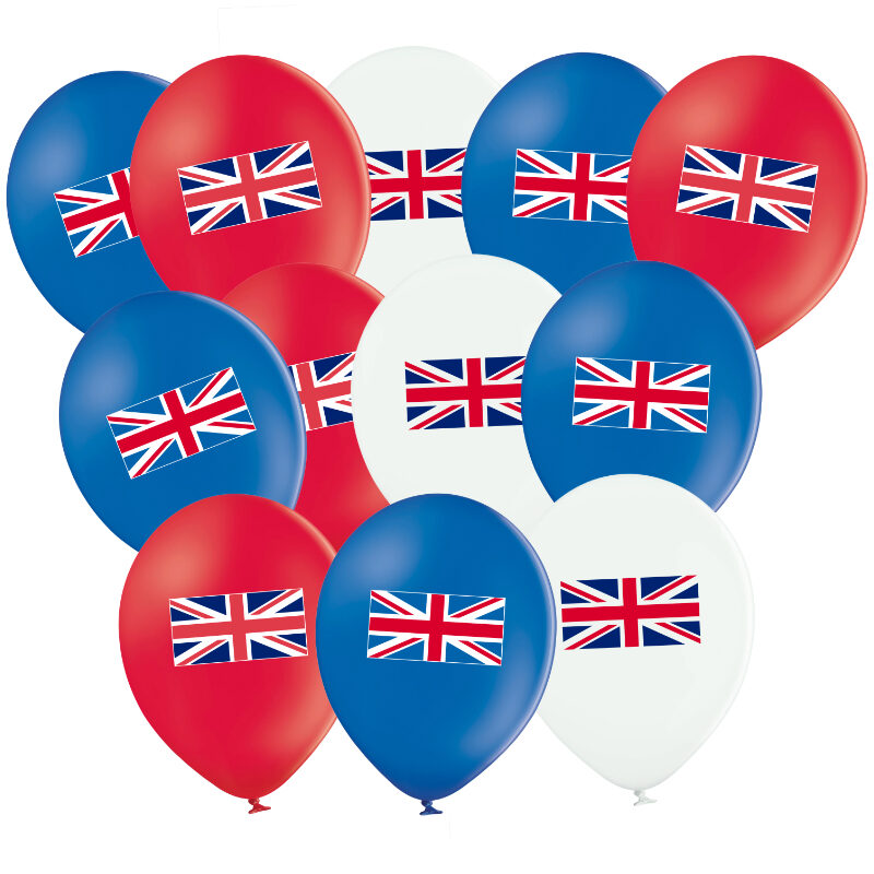 Pack Of 30 - 12" Union Jack Logo Balloons - Red, Blue & White - His Majesty King Charles The III British Decorations