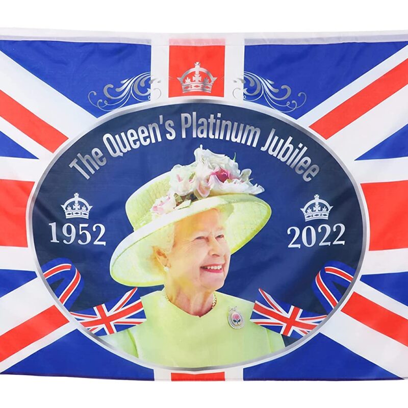 PACKOF 2- 5ft X 3ft (150cm X 91cm) Queens Platinum Jubilee Union Jack Flags Featuring Her Majesty The Queen - British Decorations- BANNER and FLAG (1 OF EACH)