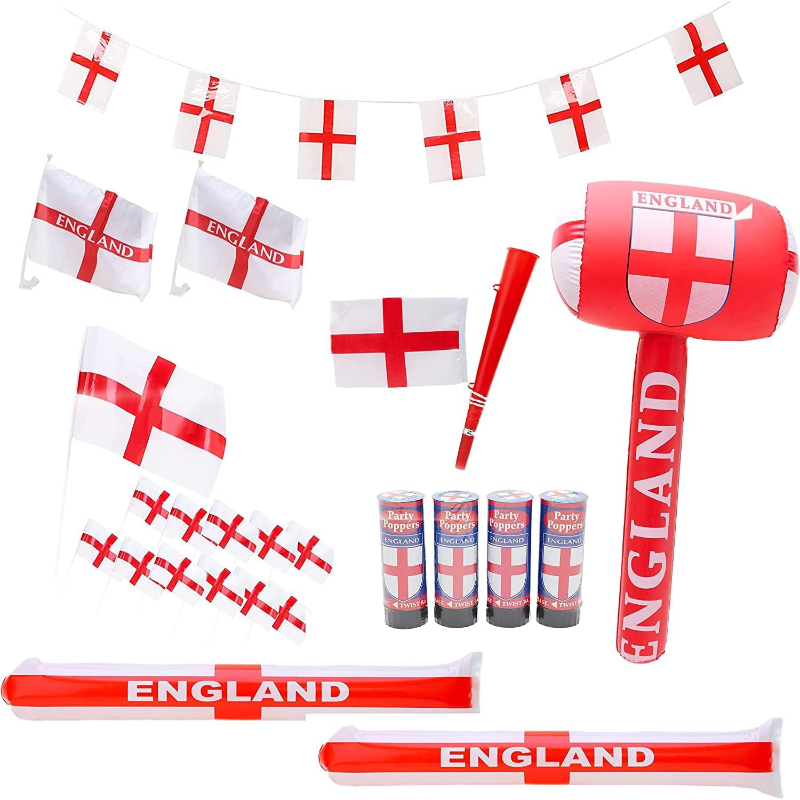 24 Piece England Party Bundle – Inflatable Hammer, 2 x Car Flags, Flag & Horn, 2 x Bang Bang Sticks, 12 x Hand Flags, 10m Bunting & 4 x Party Poppers - Qatar World Cup Football Party 2022