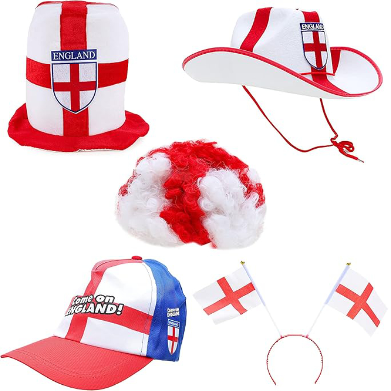 5 Piece England Party Headwear Bundle – Top Hat, Cowboy Hat, Headband, Baseball Cap & Wig - British Fancy Dress - Qatar World Cup Football Party 2022