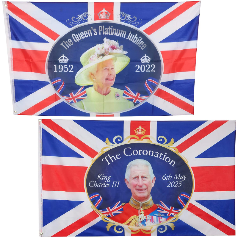 Pack of 2 - 5ft X 3ft (150cm X 91cm) Queen Elizabeth II Platinum Jubilee Flag & King Charles III Coronation Flag – Union Jack British Decorations