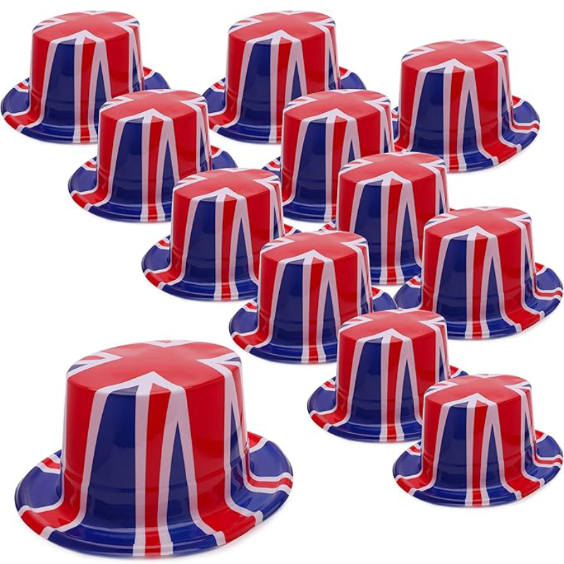 Pack of 12 - Plastic Union Jack Top Hats - One Size - His Majesty King Charles The III Coronation British Decorations