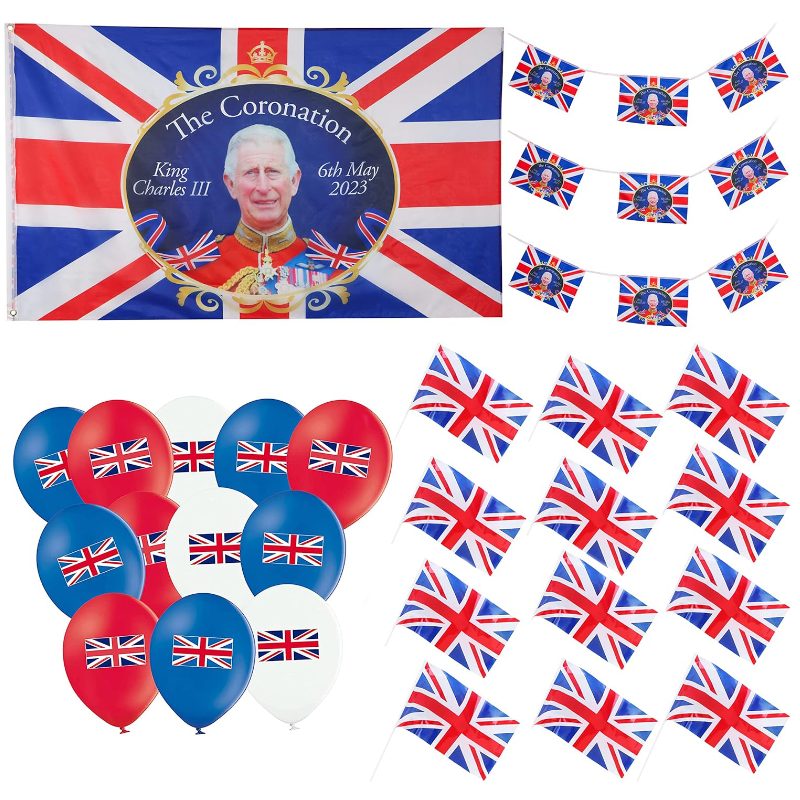 King Charles III Coronation Party Bundle - 5ft x 3ft Souvenir Flag , 12 Hand Flags, 6m Souvenir Bunting & 30 Union Jack Balloons - British Decorations