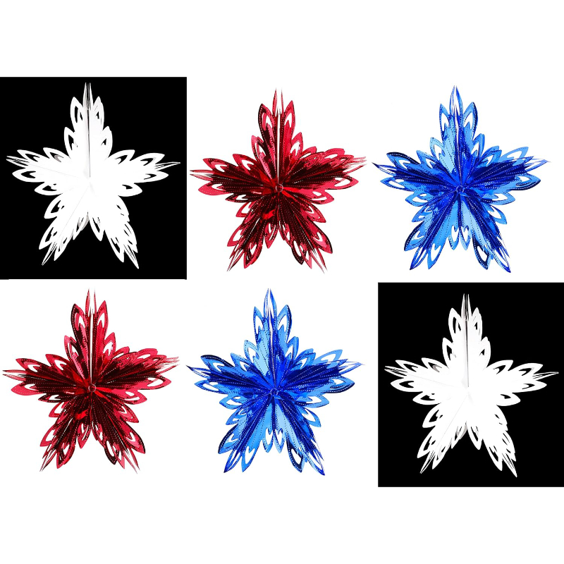 Pack of 6 Red, White & Blue Large 41cm (16”) Foil Hanging 3D Stars - King Charles The III Coronation Celebration – British Union Jack Party Decorations