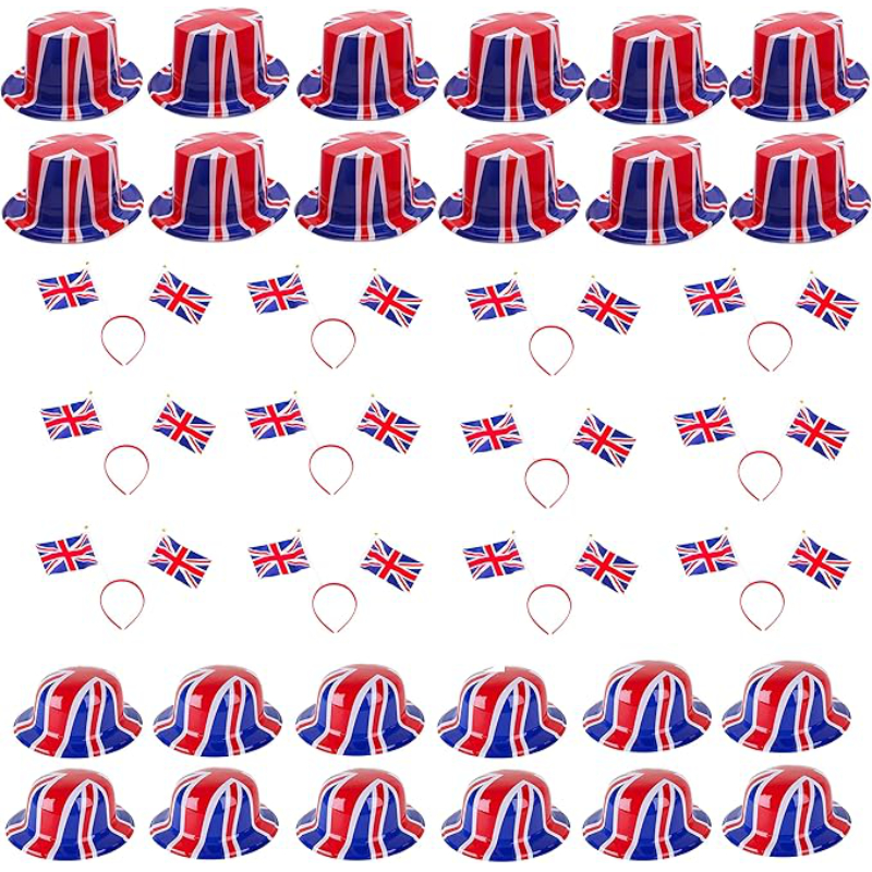 King Charles III Coronation 36 Piece Union Jack Party Wear Bundle - 12 Bowler Hats, 12 Top Hats & 12 Headbands - British Fancy Dress