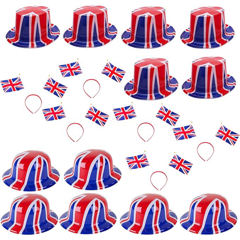 King Charles III Coronation 18 Piece Union Jack Party Wear Bundle - 6 Bowler Hats, 6 Top Hats & 6 Headbands - British Fancy Dress