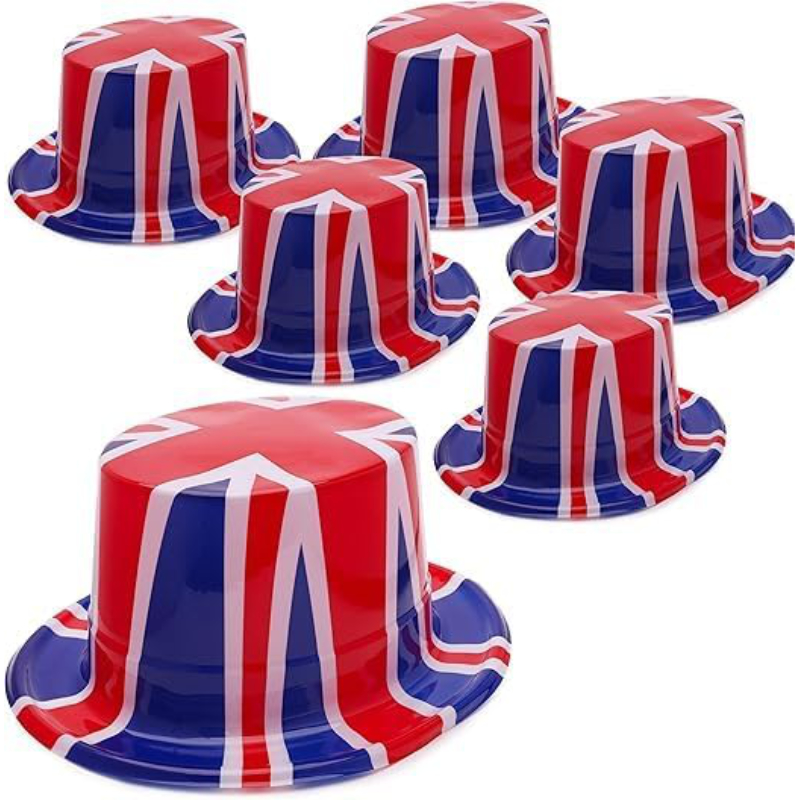 Pack of 6 - Plastic Union Jack Top Hats - One Size - His Majesty King Charles The III Coronation British Decorations