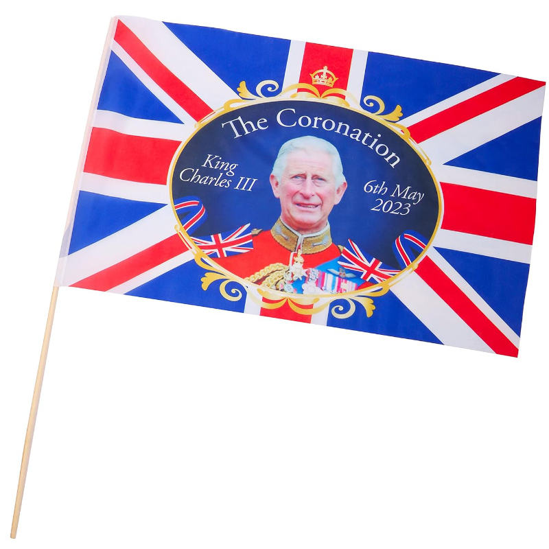 2ft x 1.3ft (61cm x 41cm) King Charles III Union Jack Coronation Souvenir Flag On Stick - British Decorations - Coronation Street Parties
