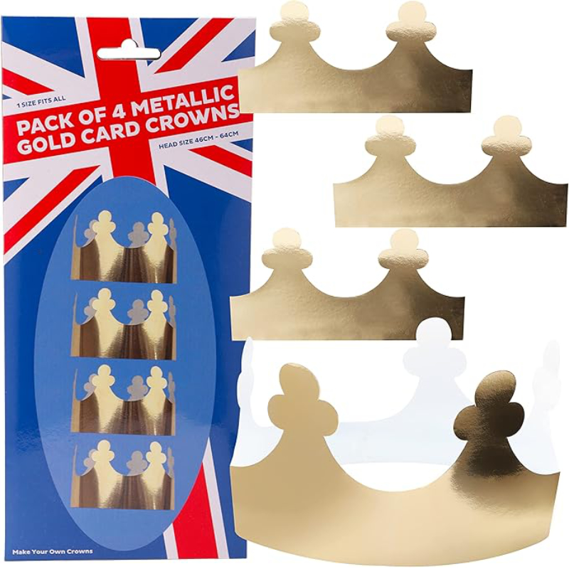 Pack of 4 - Adjustable Shiny Metallic Gold Card Crowns - King Charles III Coronation Fancy Dress Accessories