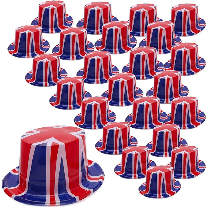 Pack of 24 - Plastic Union Jack Top Hats - One Size - His Majesty King Charles The III Coronation British Decorations